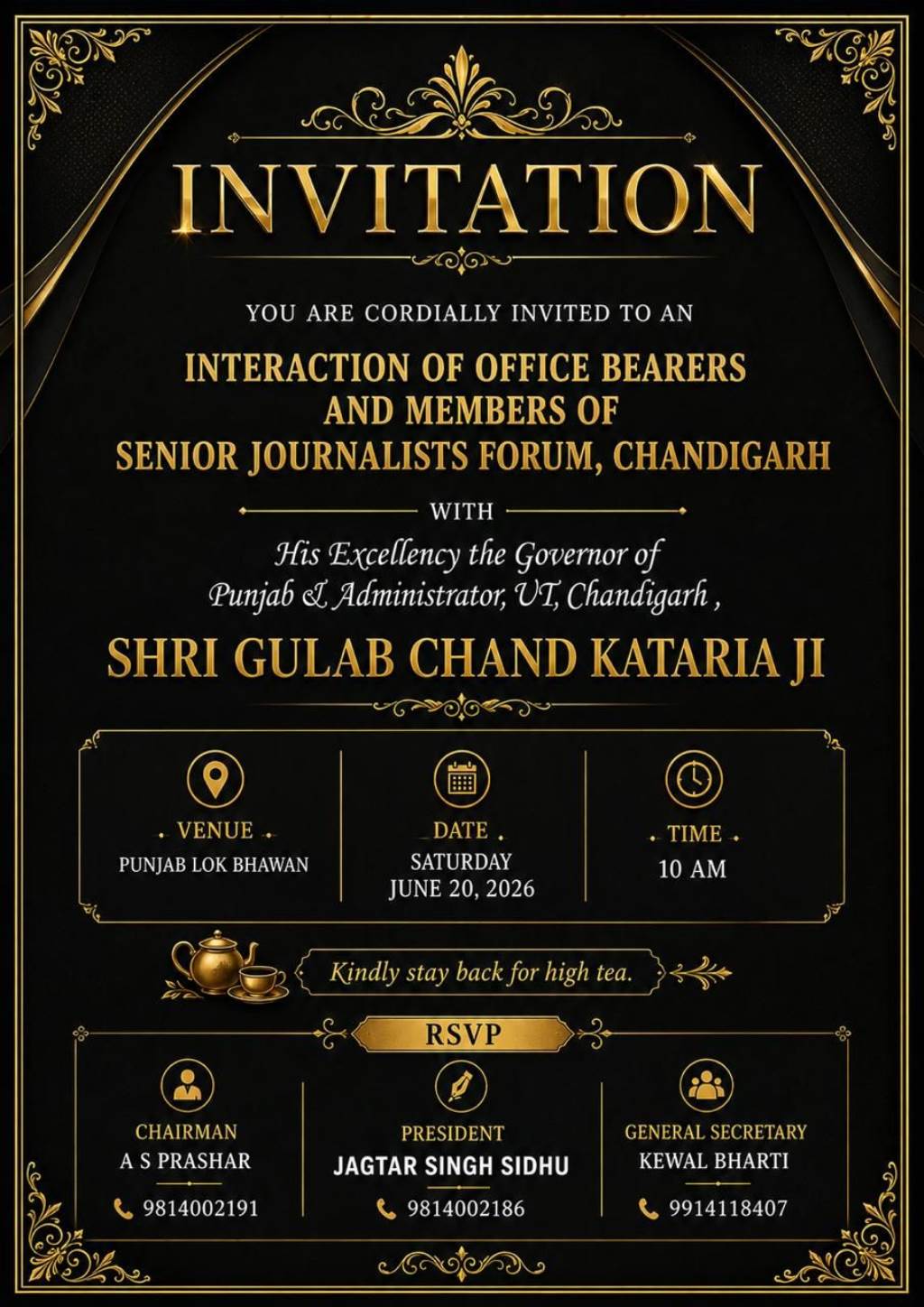Senior Journalists Forum Chandigarh to Hold Interaction with Punjab Governor Shri Gulab Chand Kataria on June 20